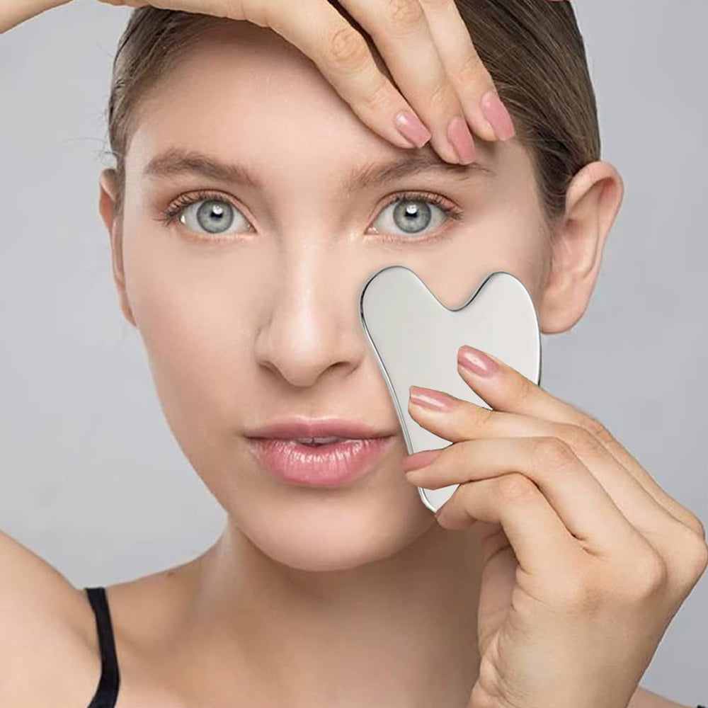 GlowSculpt Duo – Edelstahl Gesichtsroller & Gua Sha Set