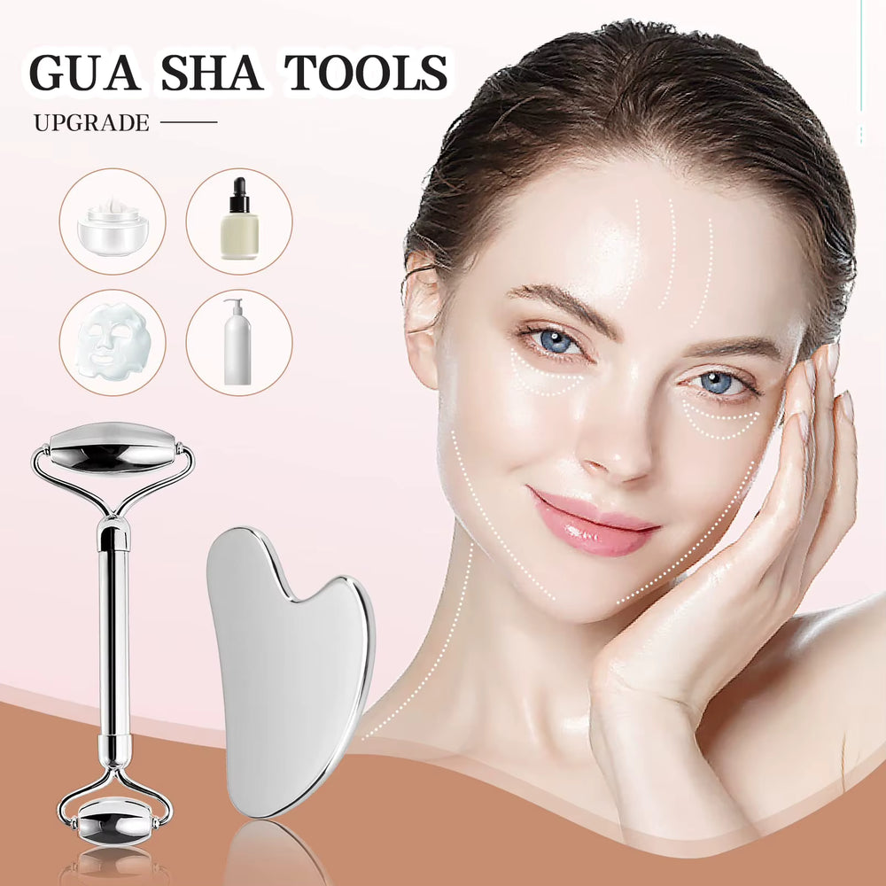 GlowSculpt Duo – Edelstahl Gesichtsroller & Gua Sha Set