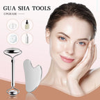 GlowSculpt Duo – Edelstahl Gesichtsroller & Gua Sha Set