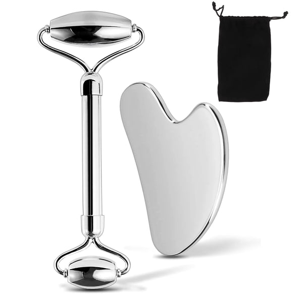 GlowSculpt Duo – Edelstahl Gesichtsroller & Gua Sha Set